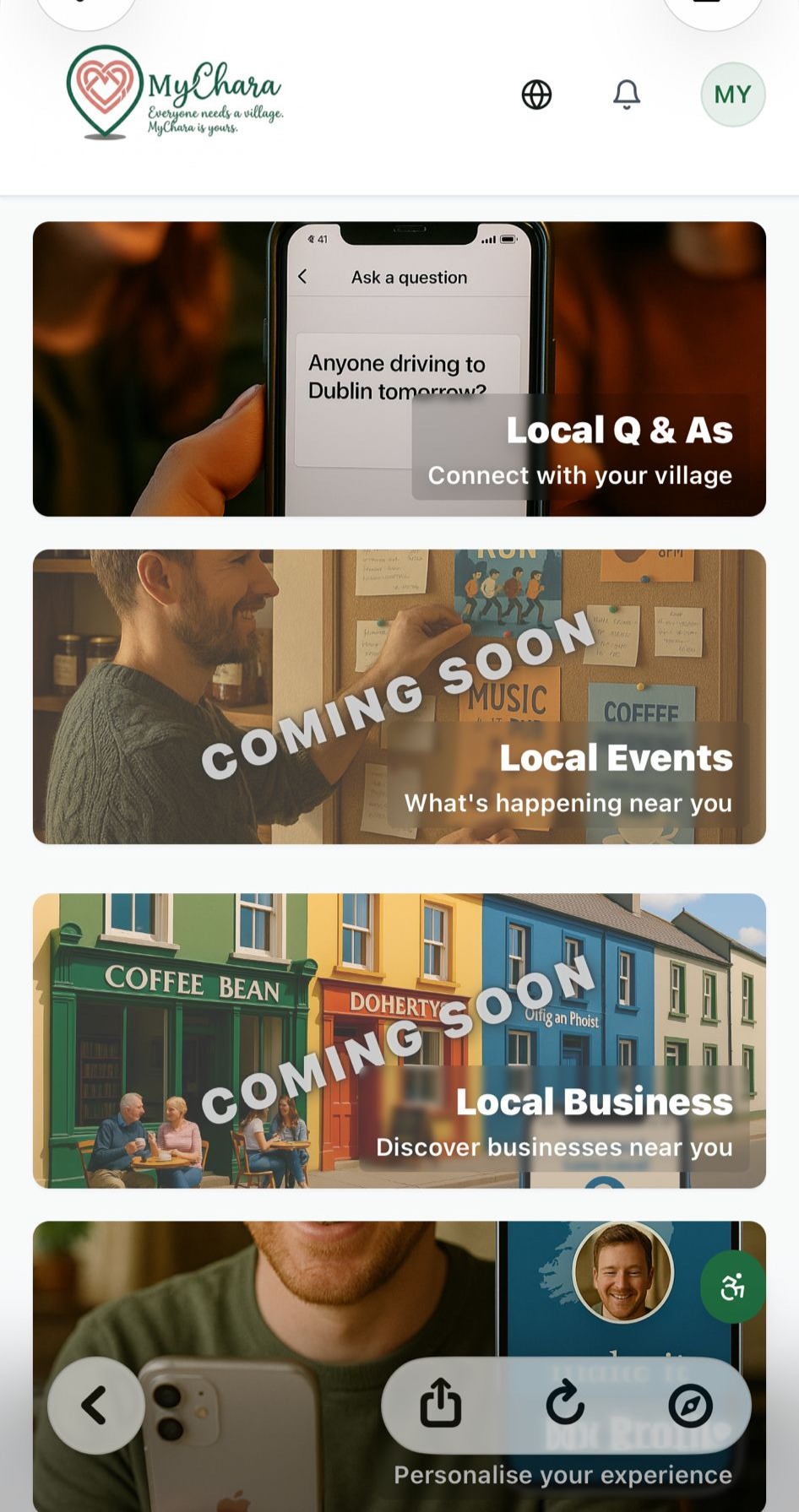 The MyChara app showing local Q&As, events and businesses near you